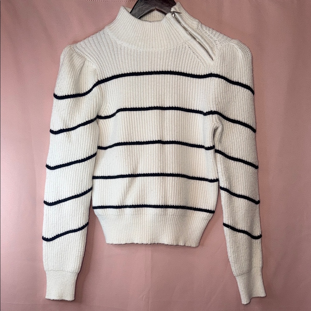 White House Black Market Cream & Black Striped Mock Zip-Neck Sweater